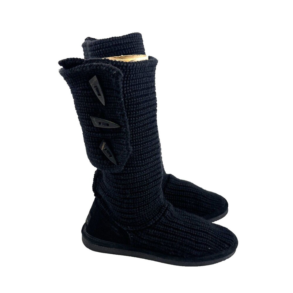 Bearpaw Knit Tall Boot‎ Black Sheepskin Stretch Button Foldover Pull On Womens 9